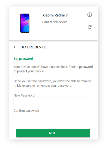 Establecer una contraseña para el bloqueo de pantalla en PROTEGER DISPOSITIVO en Encontrar mi dispositivo de Google