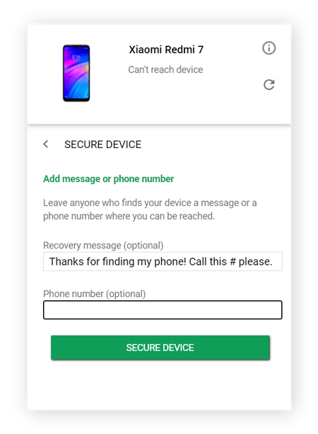 Pantalla Agregar mensaje o número de teléfono en PROTEGER DISPOSITIVO en Encontrar mi dispositivo de Google