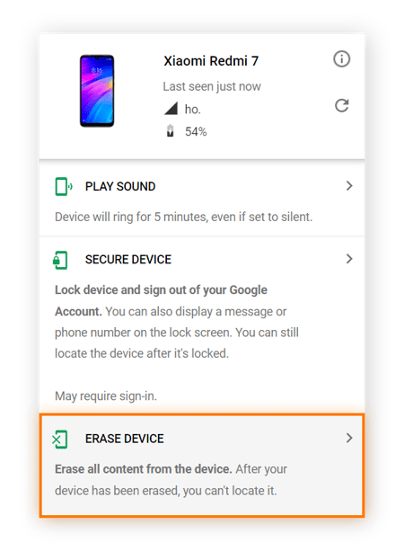  Resaltar la opción BORRAR DISPOSITIVO en Encontrar mi dispositivo de Google