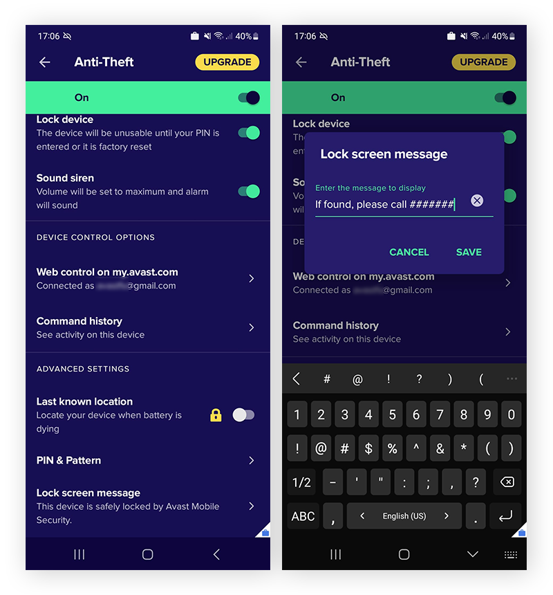 Definir comportamientos específicos de la función Anti-Theft en Avast Mobile Security que le ayudarán a encontrar y rastrear su teléfono.