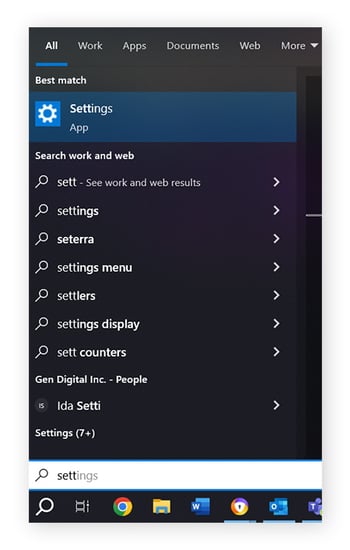 Abra Configurações do Windows do menu Iniciar.