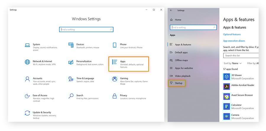 Acesso aos aplicativos de inicialização do Windows por meio do menu de Aplicativos e recursos.
