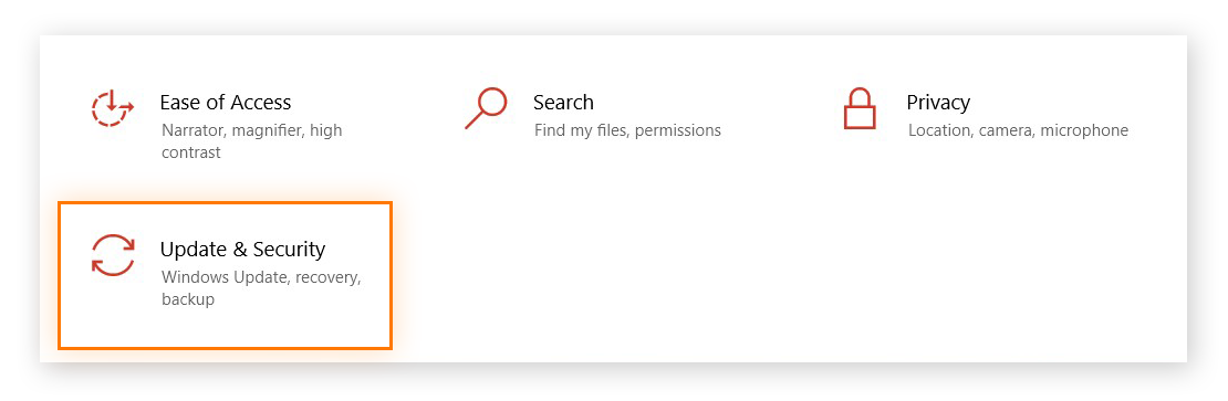 Menu Configurações do Windows 10, Atualização e Segurança em destaque.
