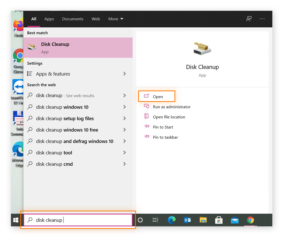 Caixa de pesquisa do Windows com “limpeza de disco” e os resultados.