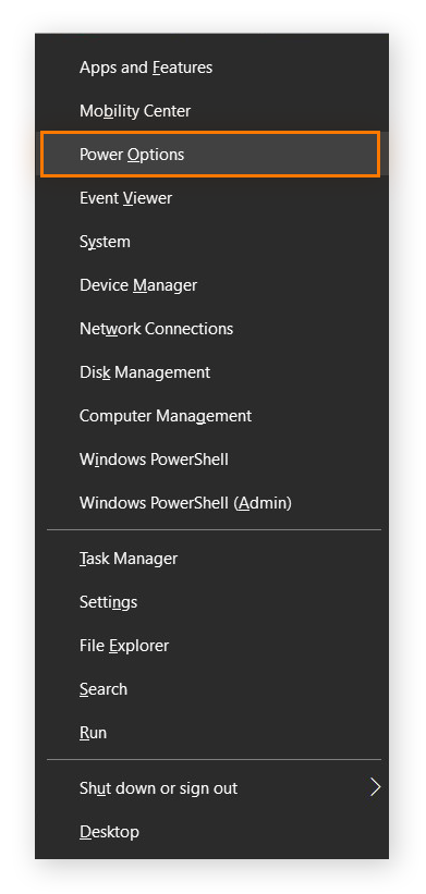 Menu pop-up no Windows 10 com Opções de energia em destaque.