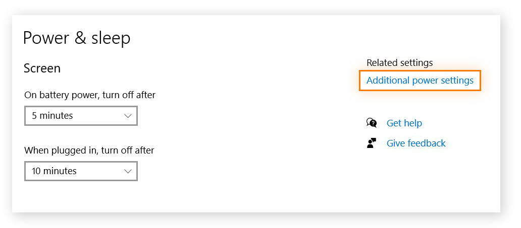 Opções de Energia e suspensão no Windows 10