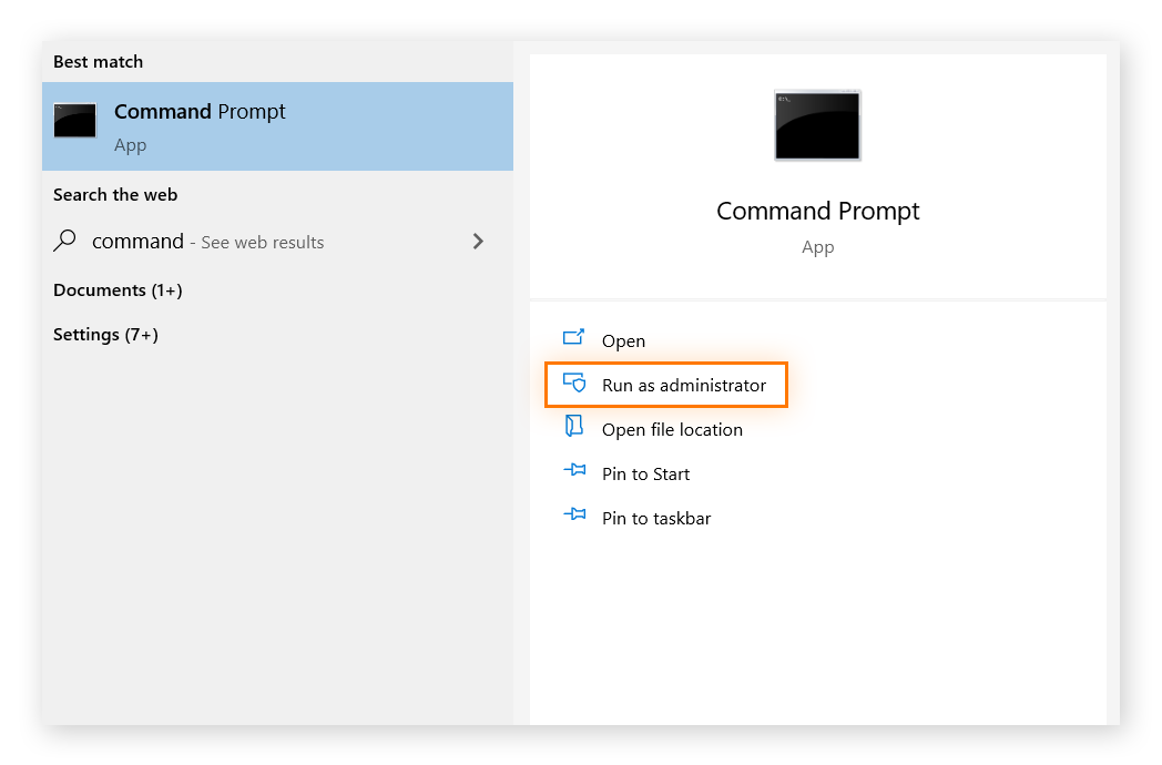 Resultado da pesquisa do aplicativo Prompt de comando no Windows 10. Executar como administrador em destaque.