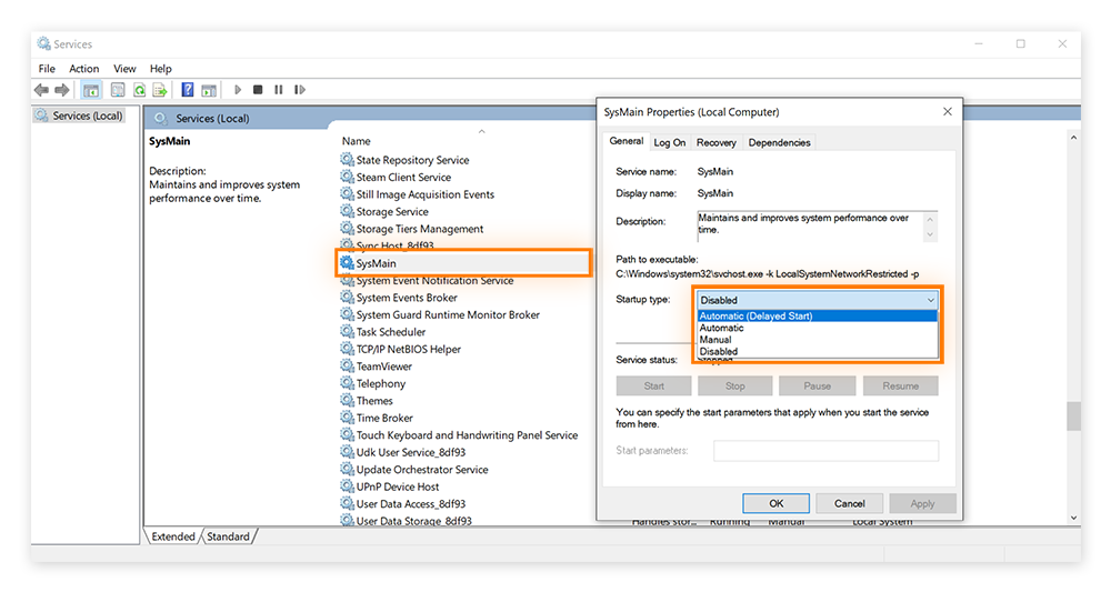 Programa Serviços no Windows 10 Opções expandidas no recurso SysMain.