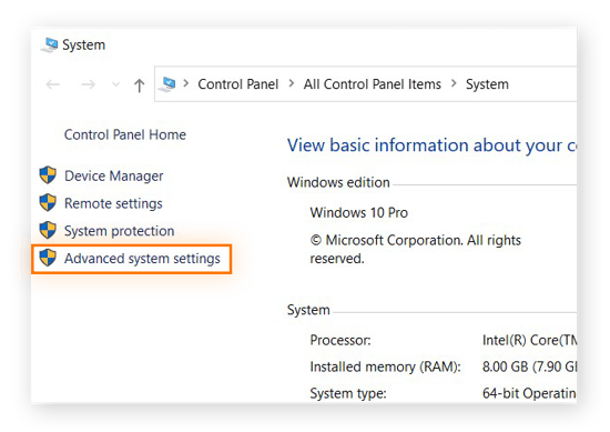 Painel de Controle do Windows 10 com configurações avançadas do sistema destacadas