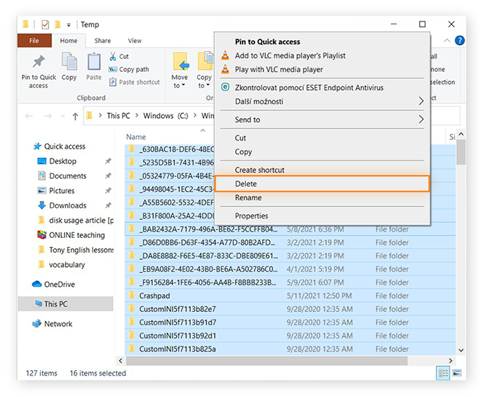 Pasta Temp no Windows 10 com todas as pastas prestes as serem excluídas.
