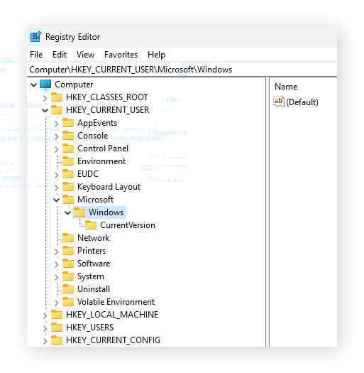 Navegando até HKEY_CURRENT_USER>Microsoft>Windows no Editor de Registro do Windows