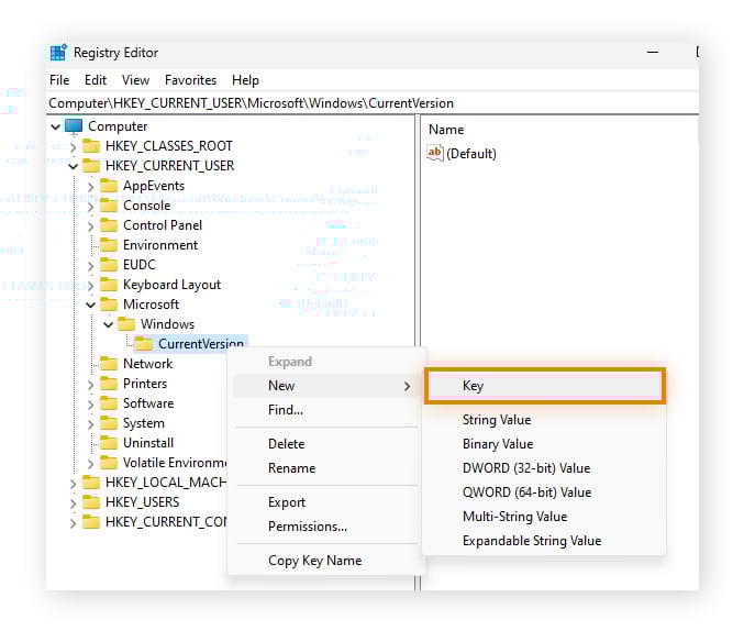 Seleção de Novo > Chave para a pasta CurrentVersion no Editor de Registro