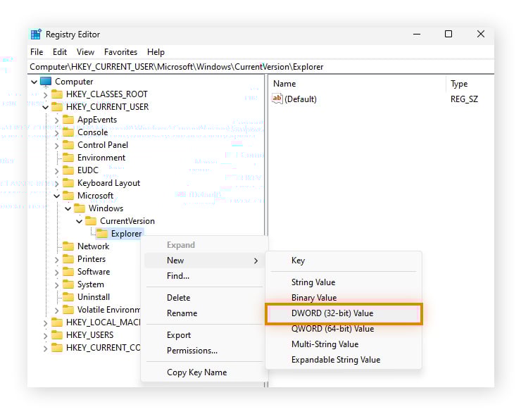 Seleção de Novo > Valor DWORD (32 bits) na chave do Explorer