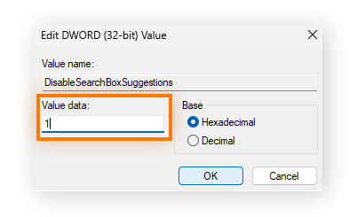 Definição dos dados do valor DisableSearchBoxSuggestions como 1