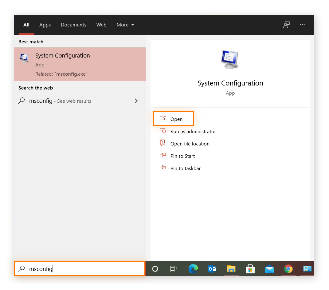 Guia de pesquisa do Windows 10 com “Msconfig” digitado com os resultados da pesquisa do aplicativo Configuração do Sistema