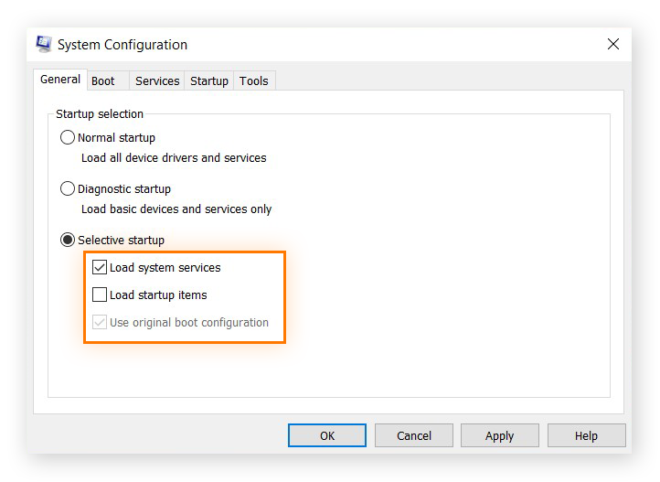 Menu de configuração do sistema com as opções de inicialização seletiva em destaque