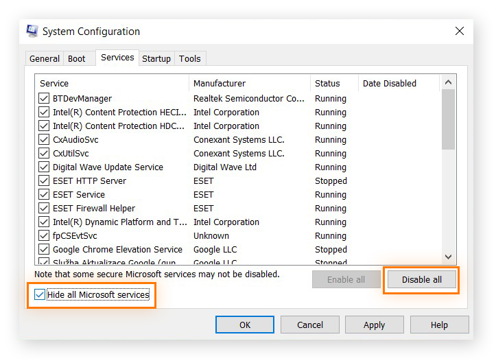  Janela Configuração do Sistema no Windows 10 na guia Serviços.