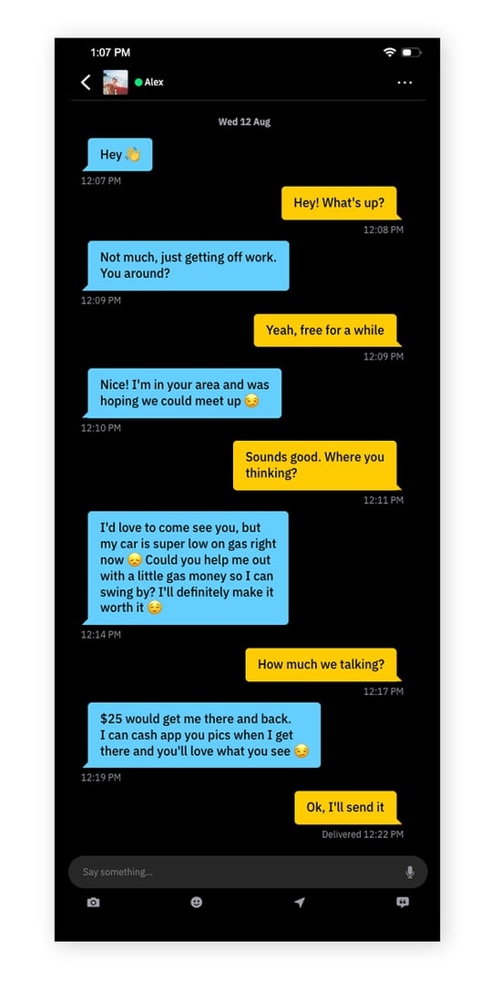 A screenshot of a Grindr "pay-before-you-meet" scam.