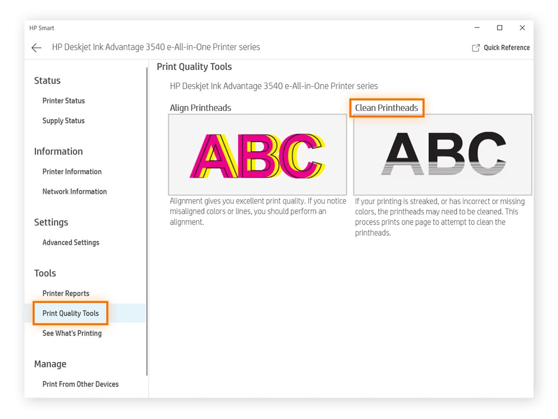 Find the Clean Printhead option for your printer, often under Print Quality Tools