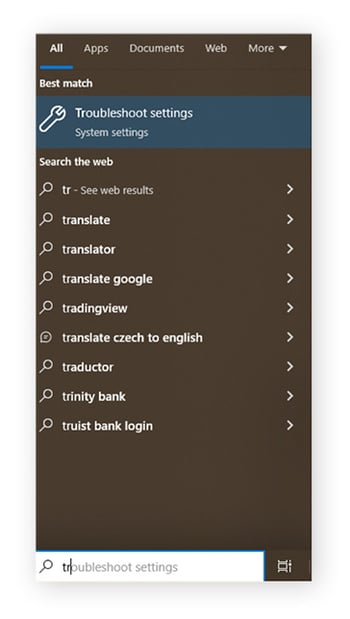 Buscando «Configuración de solución de problemas» en la barra de búsqueda de Windows