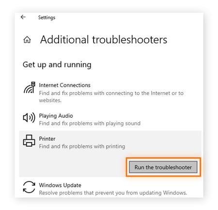 Highlighting "Printer" and "Run the troubleshooter" in the Additional troubleshooters screen