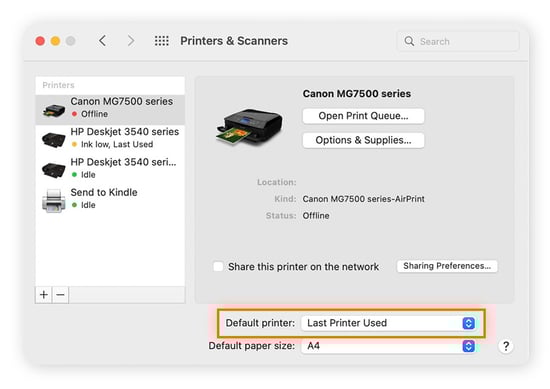 Click the arrow next to Default printer