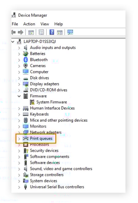 Highlighting "Print queues" in Device Manager
