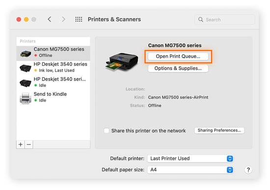 Select your printer on the left, then click Open Print Queue