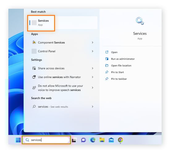 Escriba servicios en la barra de búsqueda de Windows y abra la aplicación