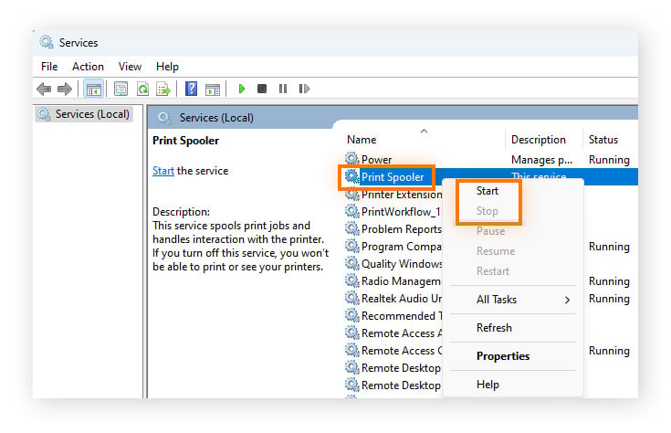 Right-click the Print Spooler and you can stop and start it again