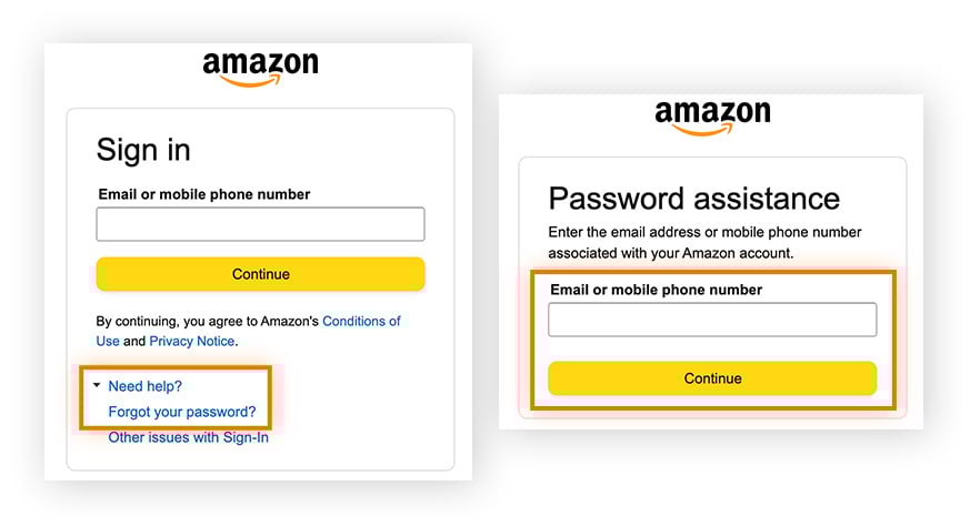 To reset your Amazon password, go to the login page and click Need Help? then Forgot your Password? Enter your email or phone number and click Continue