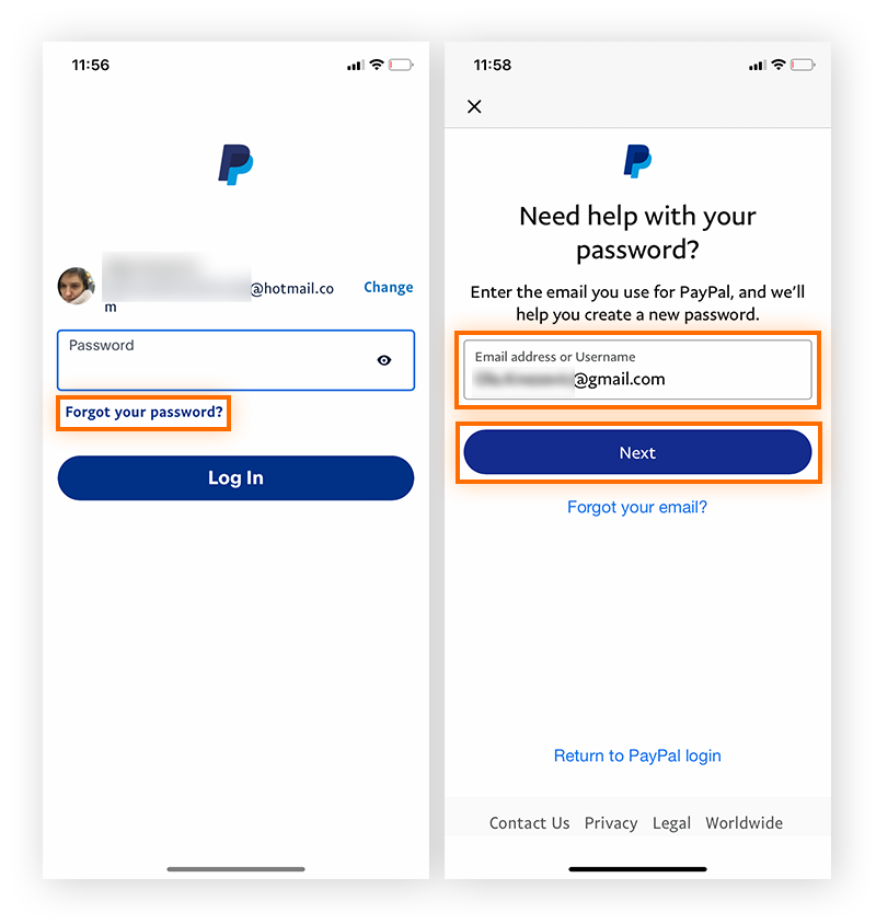 Para redefinir sua senha no celular, toque em “Esqueceu sua senha?”. Em seguida, digite seu nome de usuário ou e-mail e toque em Avançar.