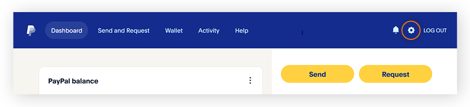  Redefina suas perguntas de segurança do PayPal clicando na engrenagem no canto superior direito.