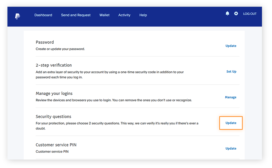 Click Update next to Security questions to start updating them