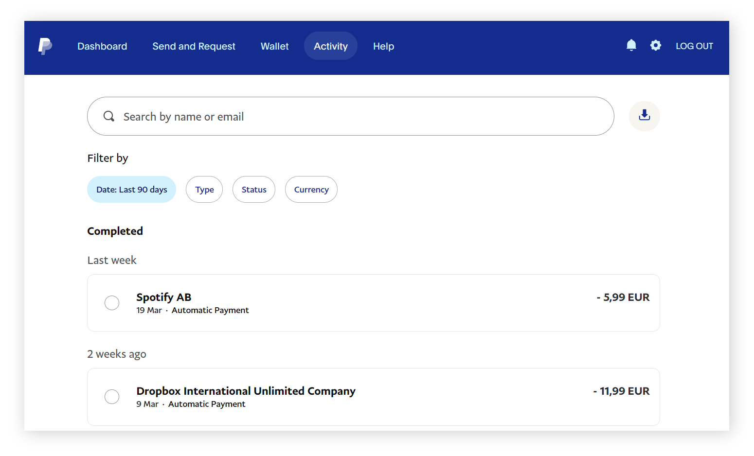 Na lista de atividades do PayPal, escolha as atividades fraudulentas para denunciá-las.