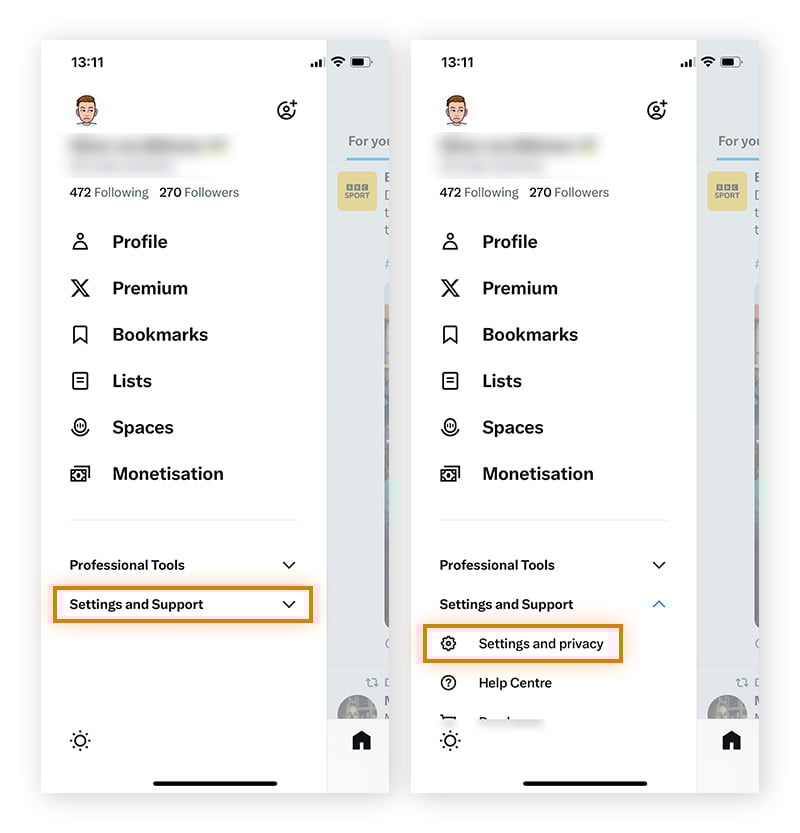 Accessing Twitter Settings and privacy via Settings and Support on the Twitter mobile app.