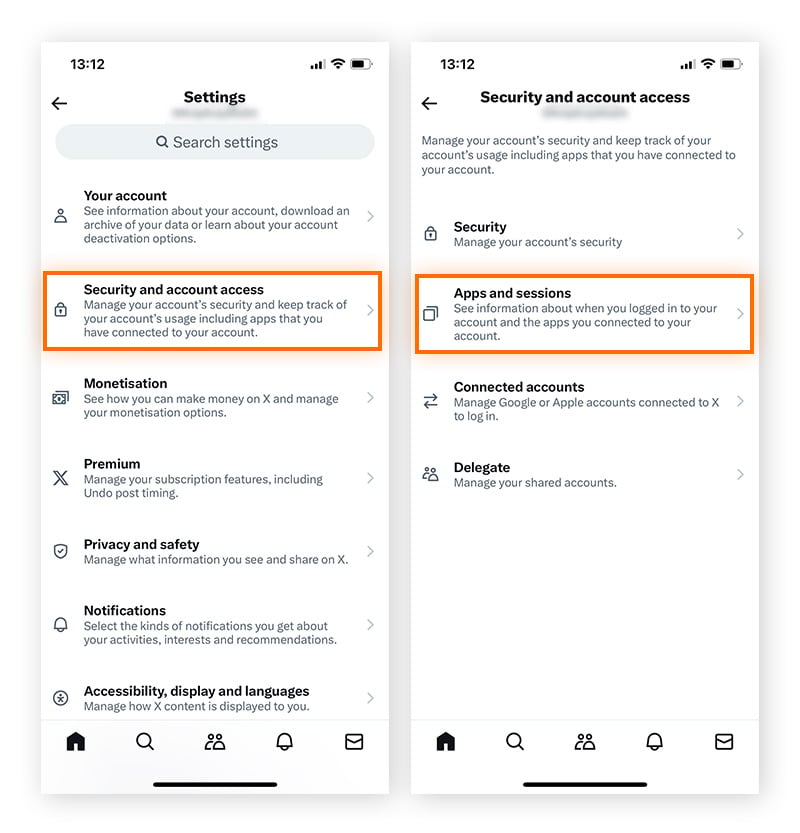 Reviewing Apps and sessions within Security and account access settings in the Twitter mobile app.