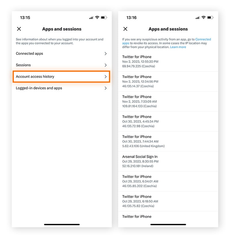 Reviewing the list of devices active on your Twitter account via the mobile app.