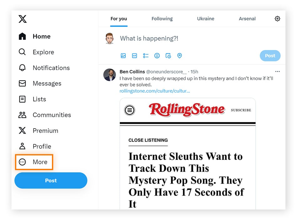 Click "More" on the Twitter homepage to find the option to reset password.