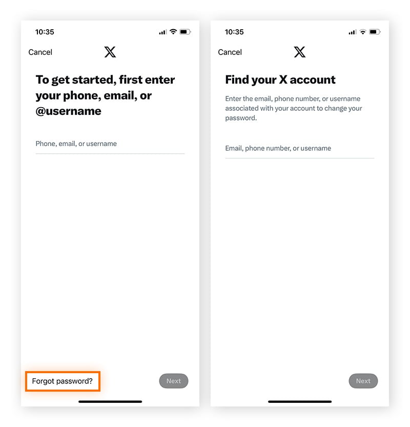 Recovering your Twitter account via the Forgot password? facility.