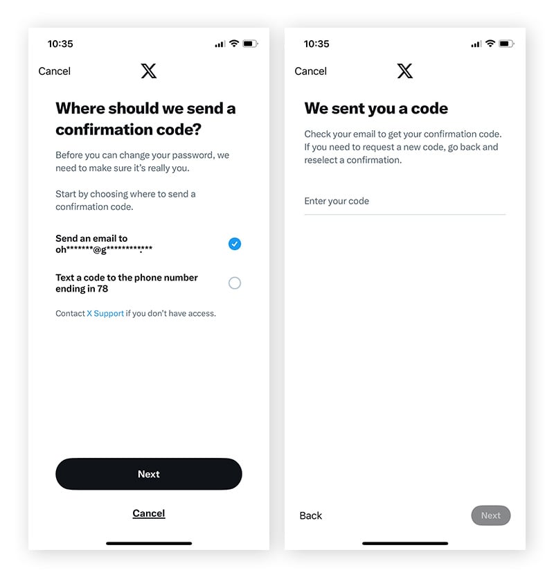 Sending a confirmation code to a linked email or phone number to reset your Twitter password.