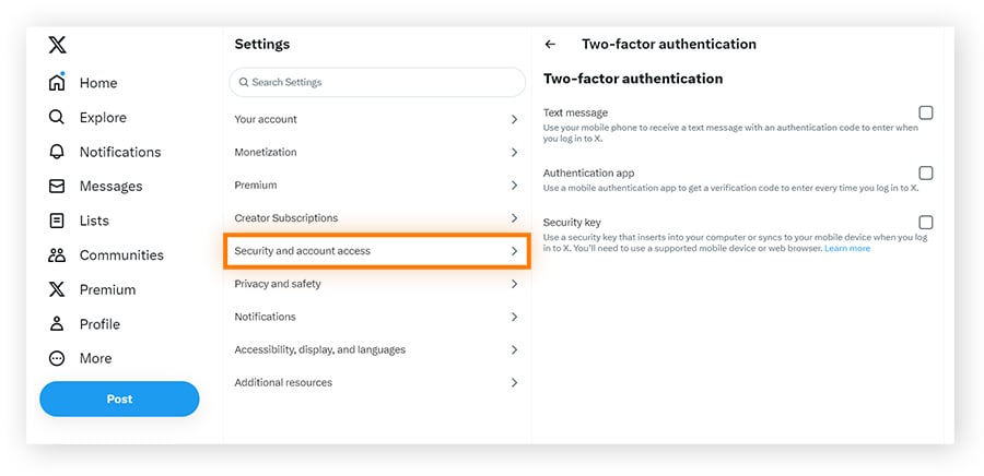 Setting up two-factor authentication on Twitter.