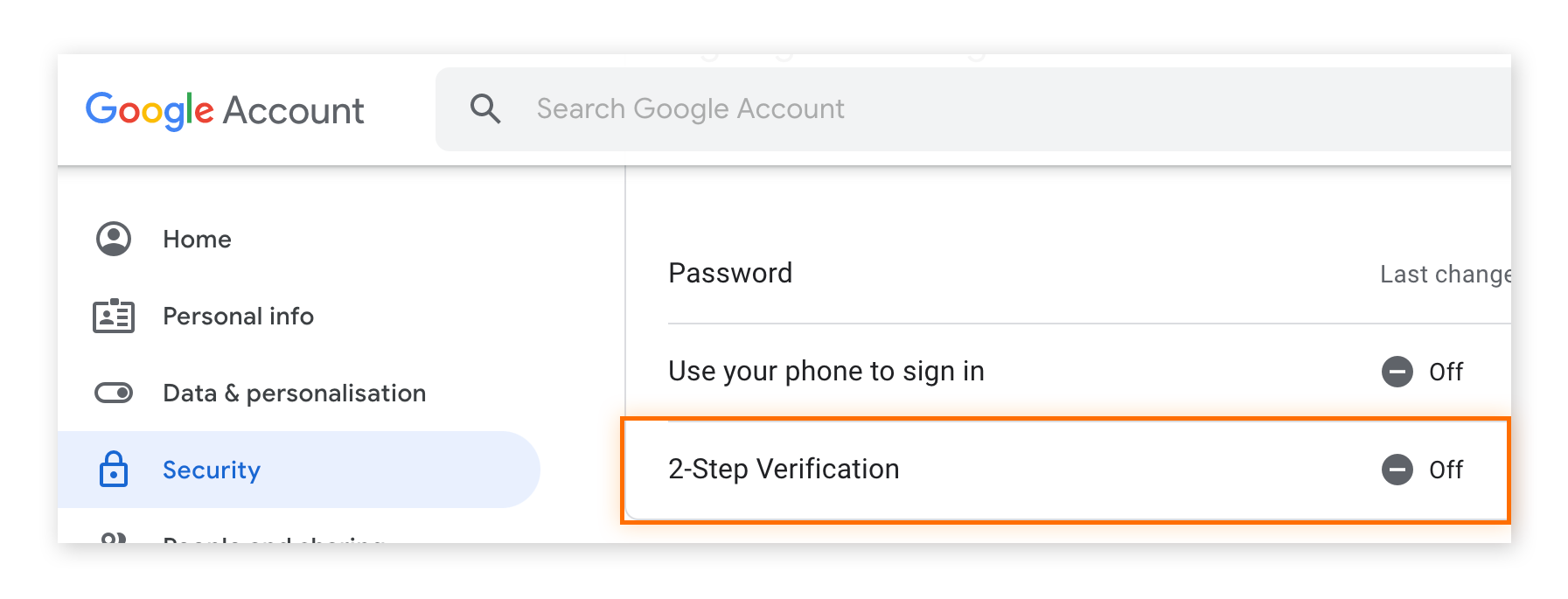 Google-Kontoeinstellungen mit „Bestätigung in zwei Schritten“ hervorgehoben