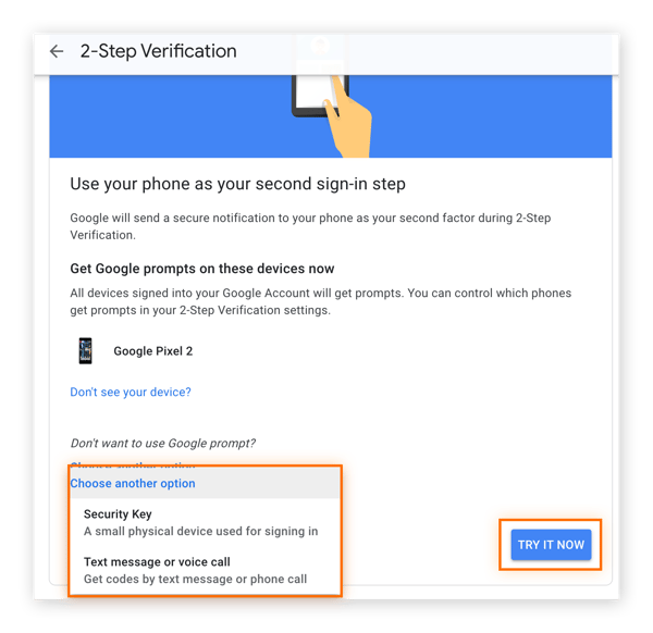 Hervorhebung anderer Aufforderungsoptionen und der Schaltfläche „Jetzt versuchen“ auf der Seite „Bestätigung in zwei Schritten“ von Google