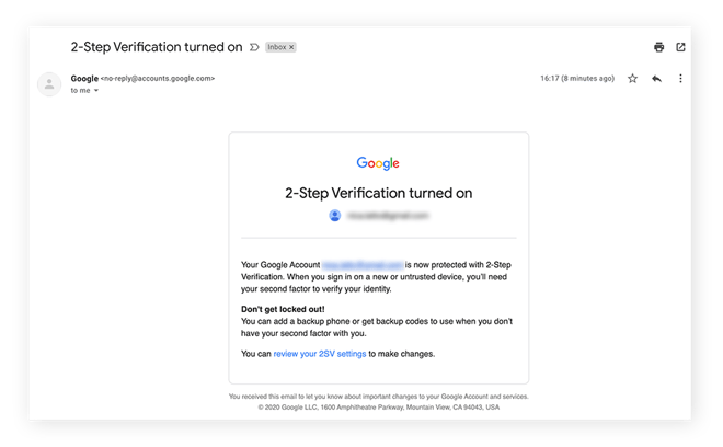 Eine Bestätigungs-E-Mail von Google, dass die „Bestätigung in zwei Schritten“ aktiviert wurde