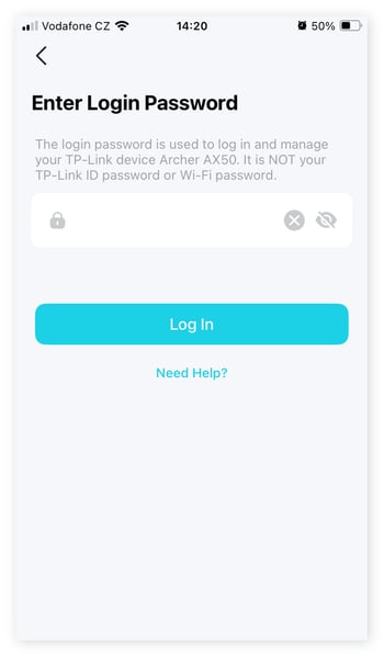 Login page of the companion app for TP-link routers.