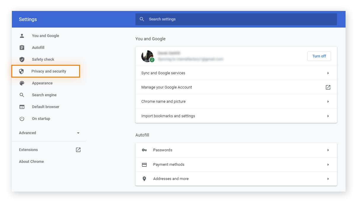 Google Chrome settings are shown. On the left, "Privacy and security" is circled.