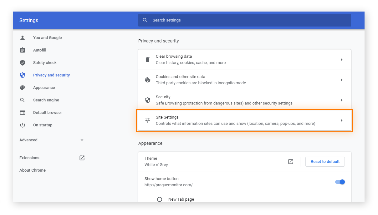 The "Privacy and Security" settings in Chrome. "Site settings" is circled.