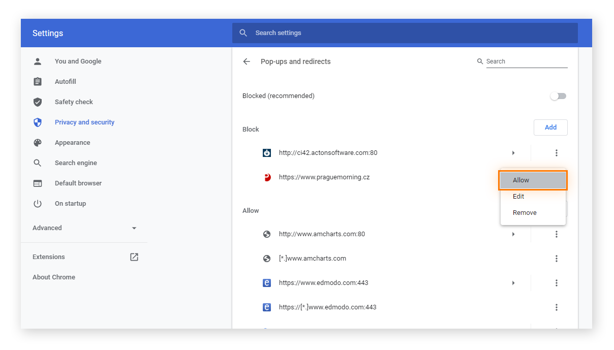 Opción Ventanas emergentes y redirecciones en Chrome. Junto a un sitio web que aparece en Bloquear, el usuario ha hecho clic en los tres puntos y ha resaltado Permitir.