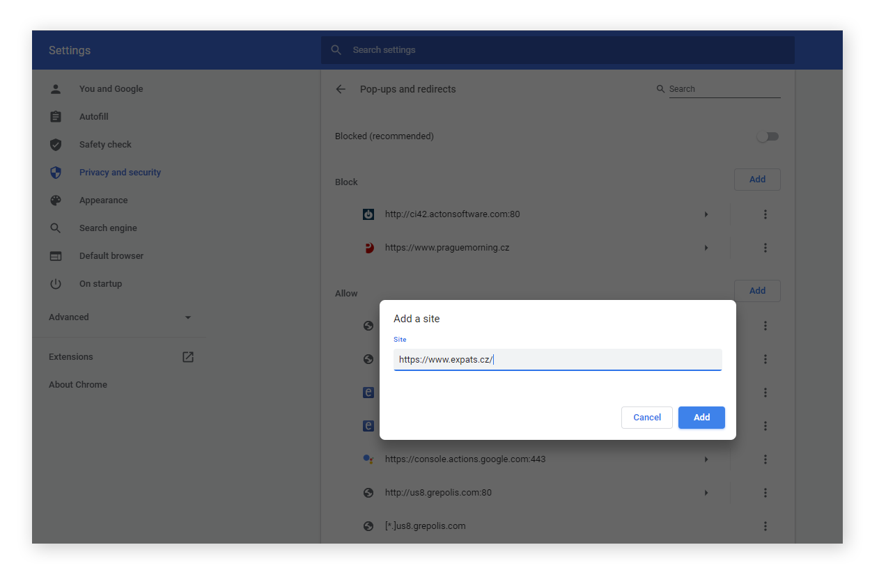  In the "pop-ups and redirects" options for Chrome, the user has clicked "Add" next to "Allow." They are invited to "Add a site" and have typed in a URL.